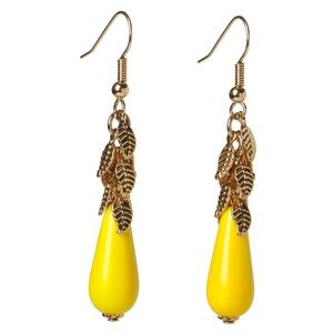 Handmade Yellow Vintage Czech Glass Drop Earrings with Leaf Accents
